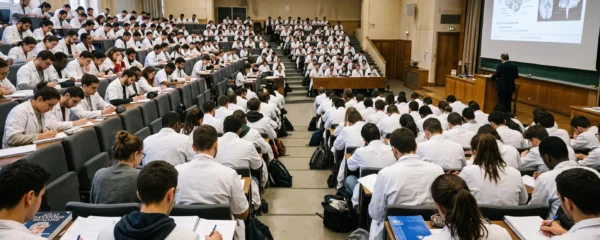 Des étudiants en blanche de médecine prennent des notes dans un grand amphithéâtre universitaire pendant un cours.