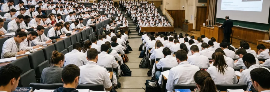 Des étudiants en blanche de médecine prennent des notes dans un grand amphithéâtre universitaire pendant un cours.