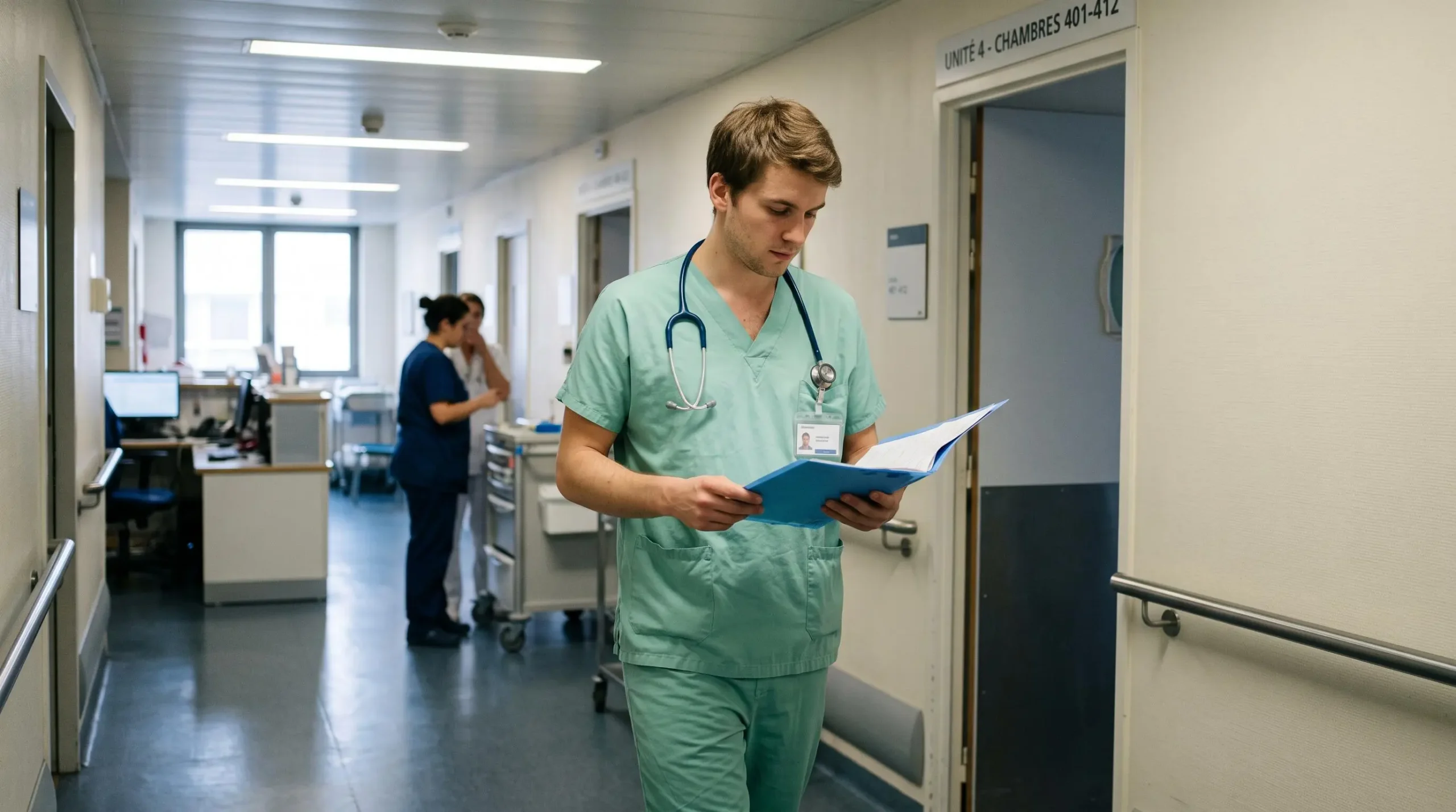 Un jeune interne en blouse médicale marche dans un couloir d'hôpital en consultant un dossier patient.