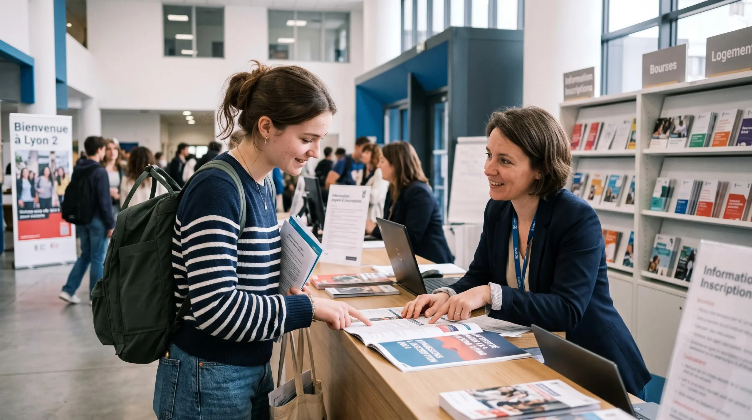 Une future étudiante échange avec un conseiller universitaire autour d'une brochure d'admission dans un hall d'accueil.